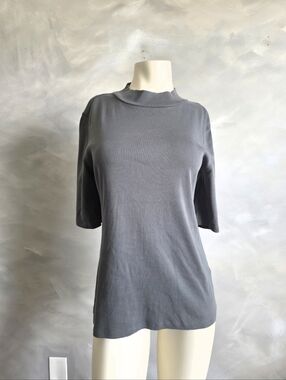 Lilla P Elbow Sleeve Mock Neck Slate Grey Cotton Sz L Made In Peru